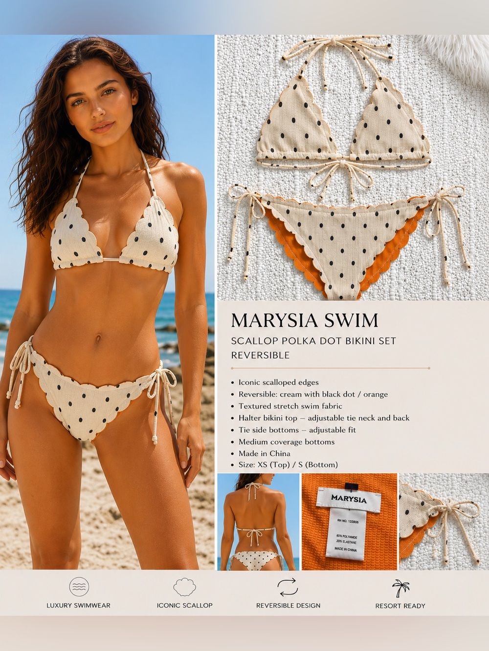 Marysia Scallop Polka Dot Bikini Set Cream Black Dot Orange Reversible Swimwear